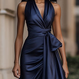 Satin Halter Maxi Dress with Tie Waist