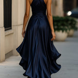 Satin Halter Maxi Dress with Tie Waist