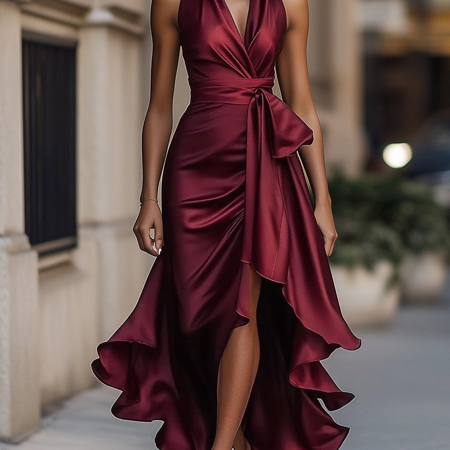 Satin Halter Maxi Dress with Tie Waist