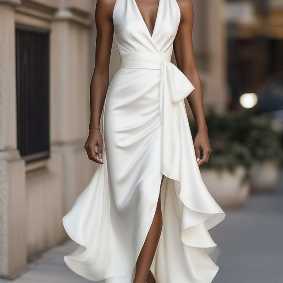 Satin Halter Maxi Dress with Tie Waist