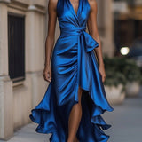 Satin Halter Maxi Dress with Tie Waist