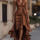 Satin Halter Maxi Dress with Tie Waist