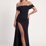 Off-Shoulder Maxi Dress with Ruched Waist and Thigh Slit