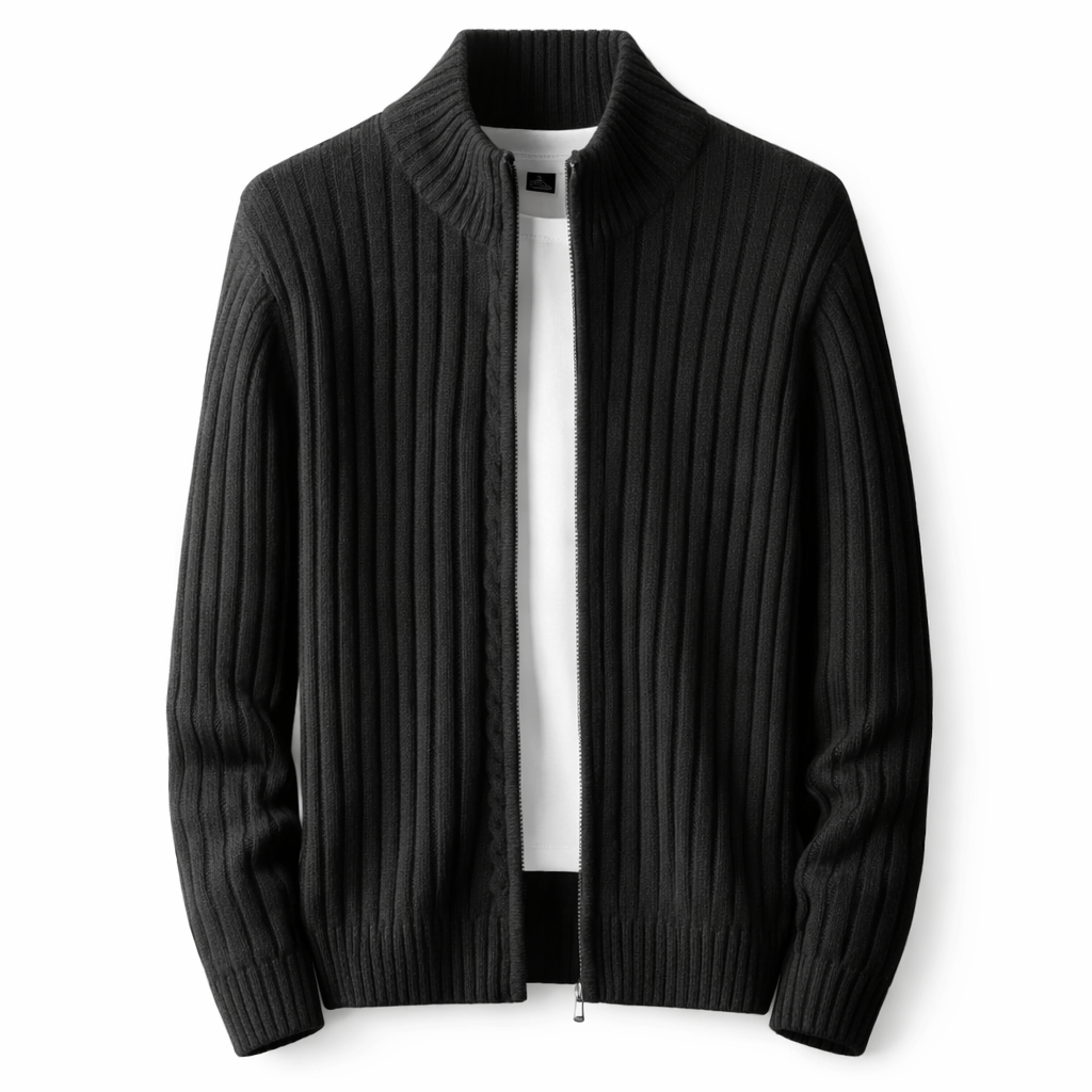 Full-Zip Ribbed Knit Cardigan with Mock Neck