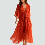 Wrap Midi Dress with Ruffled Hem and V-Neck