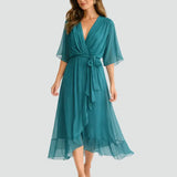Wrap Midi Dress with Ruffled Hem and V-Neck