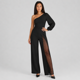 One-Shoulder Wide-Leg Jumpsuit with Mesh Thigh Slit