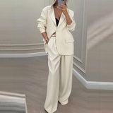 Women's Two Piece Suit with Contrast Trim Blazer and Pleated Wide Leg Pants