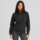 Button-Front Mock Neck Knit Sweater with Long Sleeves