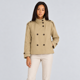 Cropped Jacket with Stand Collar and Double Breasted Button Front