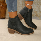 Laser Cut Ankle Boots with Side Zipper and Block Heel