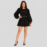 Belted Ribbed Mini Dress with Puff Sleeve