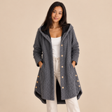 Women's Quilted Jacket with Hood Button Front and Curved Hem