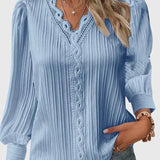 Pleated Lace-Trim V-Neck Blouse with Puff Sleeve