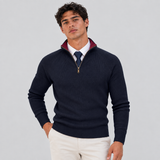 Quarter-Zip Ribbed Sweater with Stand Collar and Contrast Trim