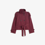 Cropped Jacket with Stand Collar and Double Breasted Button Front