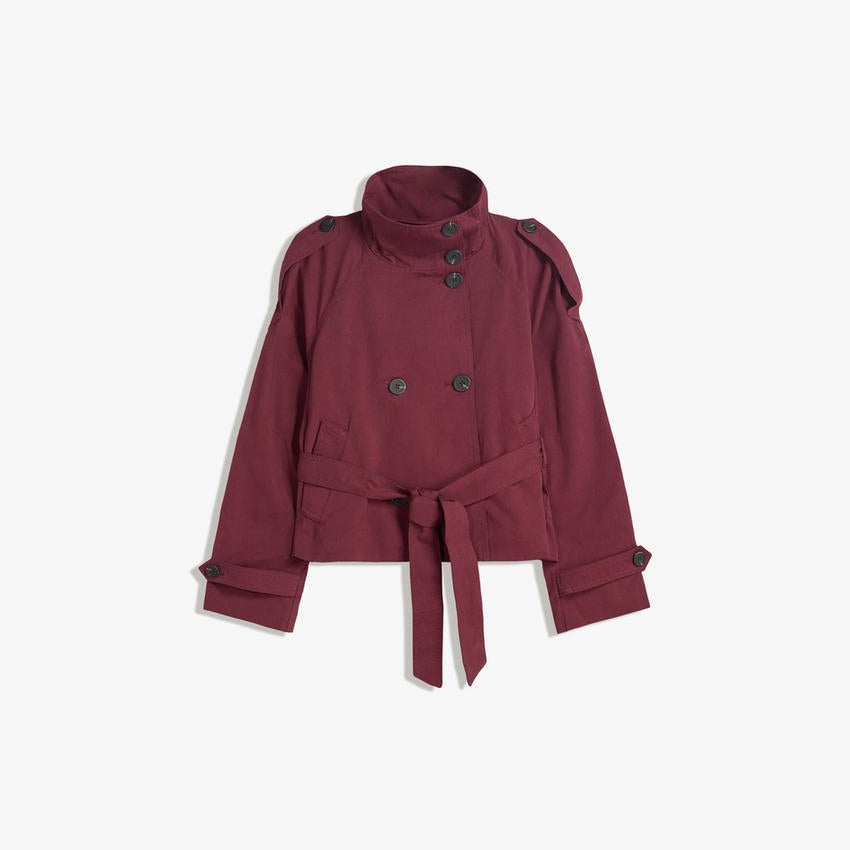 Cropped Jacket with Stand Collar and Double Breasted Button Front