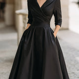 Satin Midi Dress with Lapel Collar and Pleated Skirt
