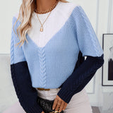 Cable Knit Color Block Sweater with Raglan Sleeves and Round Neck