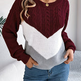 Cable Knit Color Block Sweater with Round Neck and Long Sleeves
