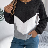 Cable Knit Color Block Sweater with Round Neck and Long Sleeves