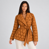 Belted Quilted Puffer Jacket with Lapel Collar and Long Sleeves