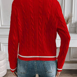 Button Front Cable Knit Cardigan with Ribbed Trim