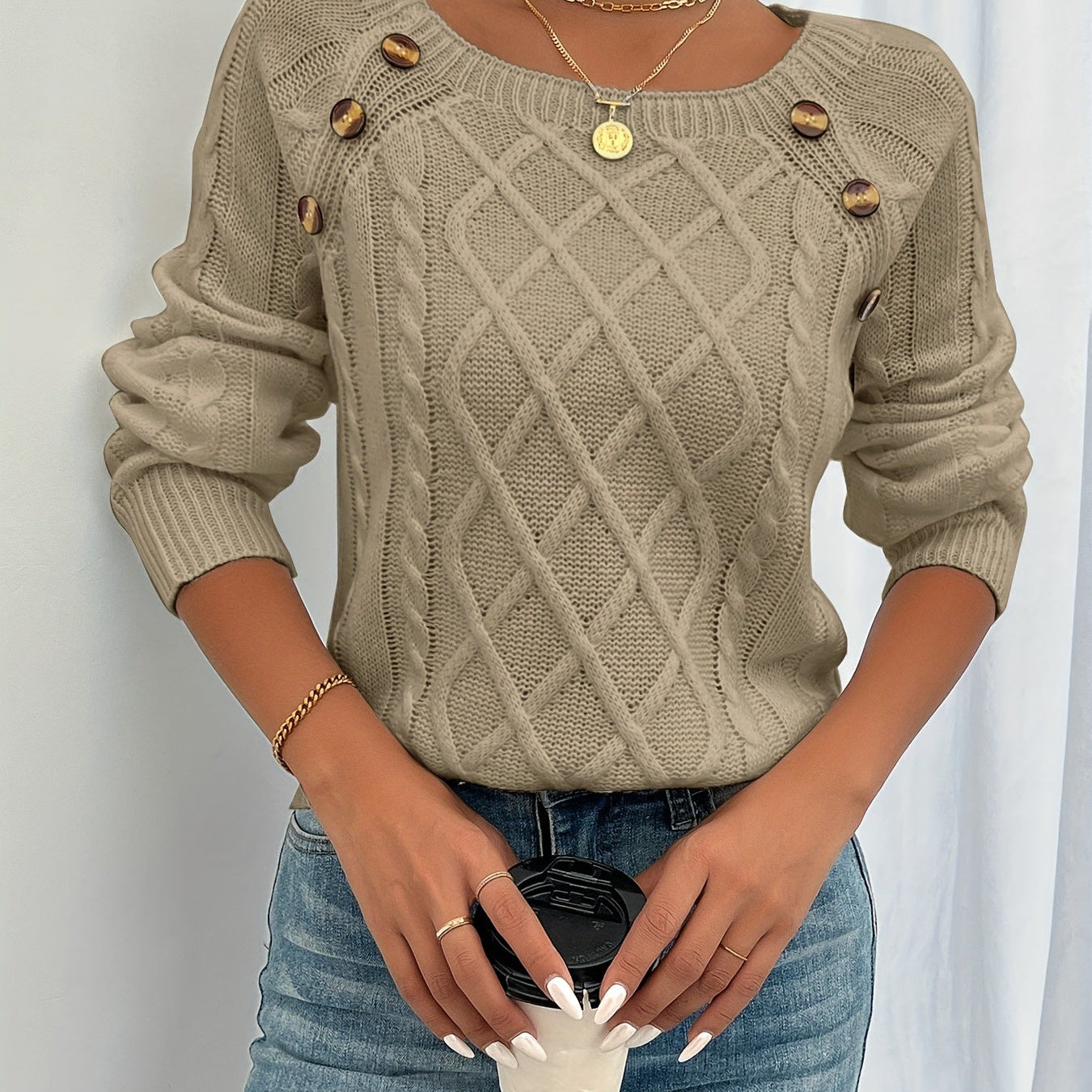 Cable Knit Sweater with Button Trim