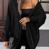 Open-Front Cardigan with Batwing Sleeves and Ribbed Knit