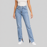 High-Waisted Straight Jeans with Cross Over Waist and Front Slit