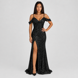 Sequin Mermaid Maxi Dress with Off-Shoulder Straps and Thigh Slit
