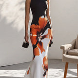 Floral Mermaid Maxi Dress with Crew Neck