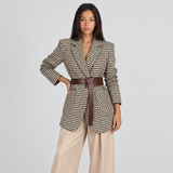Houndstooth Belted Tailored Blazer with Flap Pockets