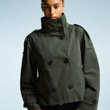 Cropped Jacket with Stand Collar and Double Breasted Button Front