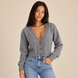 Women's Cropped Cardigan Sweater with Cable Knit Pattern V Neck and Button Front