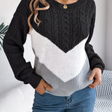 Cable Knit Color Block Sweater with Round Neck and Long Sleeves