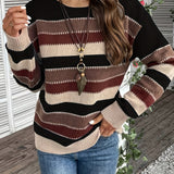 Striped Knit Sweater with Round Neck and Ribbed Cuff