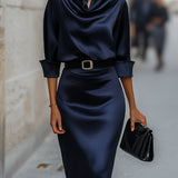 Satin Bodycon Midi Dress with Point Collar and Belt