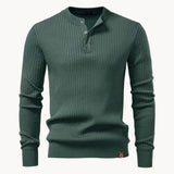 Ribbed Round Neck Half Button Sweater
