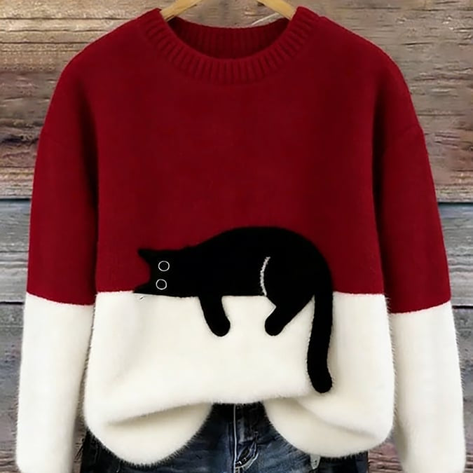 Cat Color block Oversized Fuzzy Knit Sweater