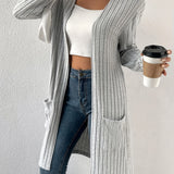 Long Ribbed Knit Cardigan with Open Front and Patch Pockets