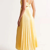Women's Cocktail Dress with Pleated Midi Skirt V Neck and Side Cutouts for Wedding Guests