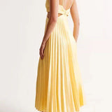 Satin Cut-Out Pleated Maxi Dress with V-Neck
