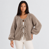 Tie-Front Knit Cardigan with Balloon Sleeves and Ribbed Cuff