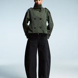 Cropped Jacket with Stand Collar and Double Breasted Button Front