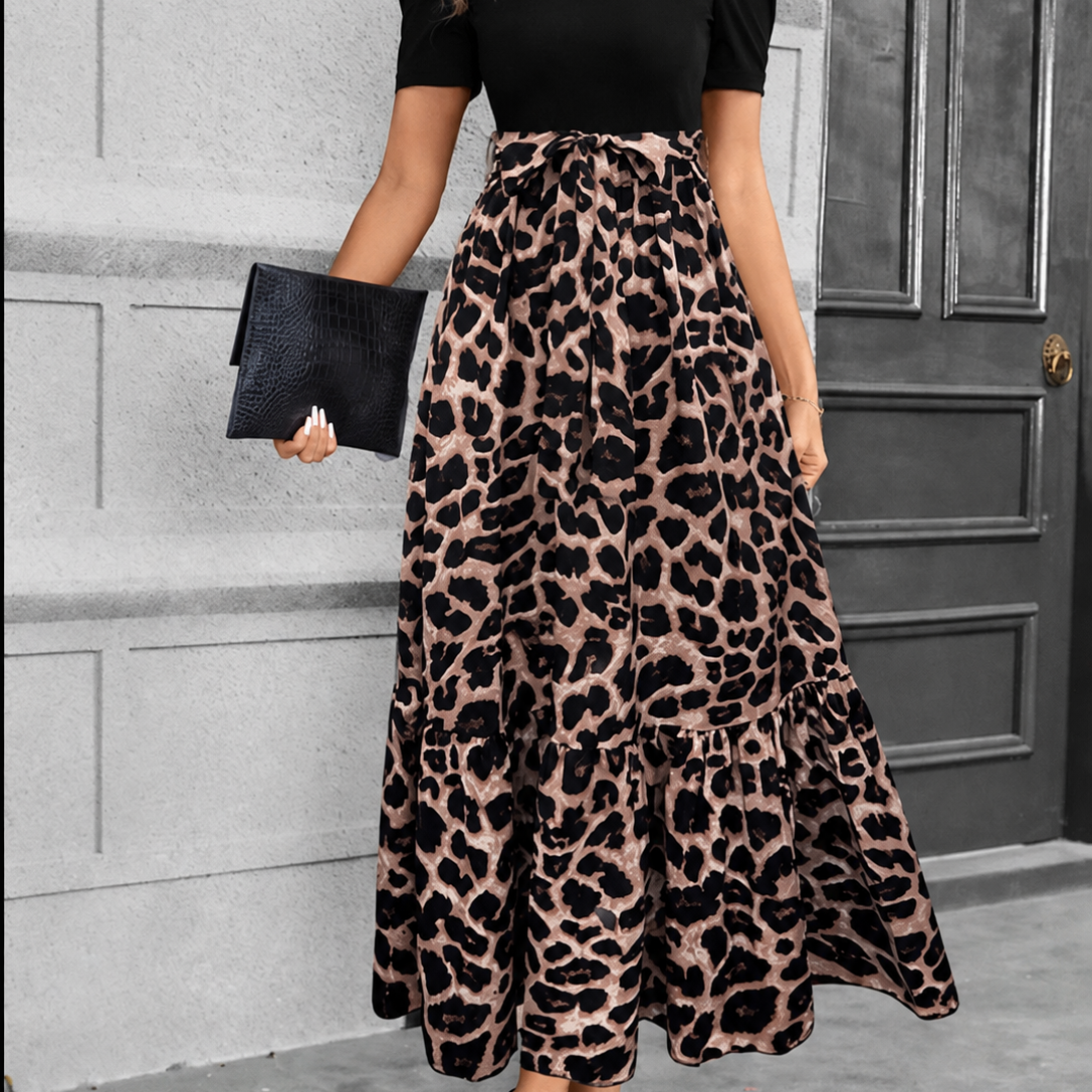 Floral Print A-Line Maxi Dress with Tie Waist and Puff Sleeves
