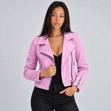 Fitted Cropped Moto Jacket with Asymmetric Zip and Pockets