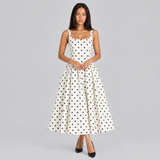 Polka Dot A-Line Midi Dress with Square Neck and Wide Straps