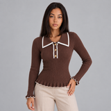 Ribbed Knit Sweater with Contrast Trim and Ruffle Hem