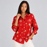 Women's Christmas Button-Down Shirt – Snowflake and Star Print Long Sleeve Blouse for Holiday Parties